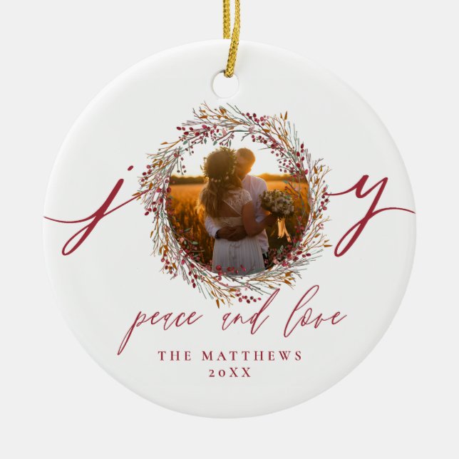 First Christmas Mr and Mrs Berries Joy Photo Ceramic Ornament (Front)