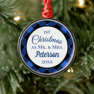 First Christmas Mr and Mrs Buffalo Blue Plaid Metal Ornament