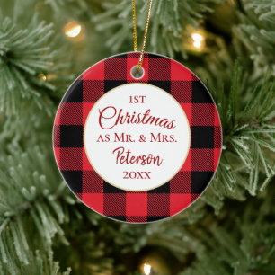 First Christmas Mr and Mrs Buffalo Plaid Ceramic Ornament