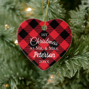 First Christmas Mr and Mrs Buffalo Plaid Heart Ceramic Ornament