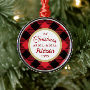 First Christmas Mr and Mrs Buffalo Plaid Metal Ornament
