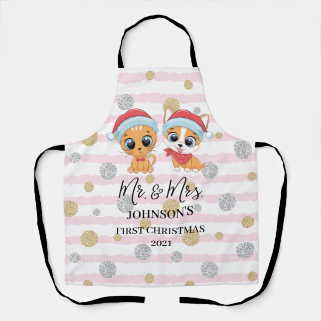 First Christmas Mr. and Mrs. Cat and Dog Winter Apron (Front)