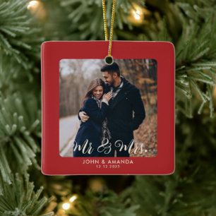 First Christmas Mr and Mrs Couple Photo Engaged Ceramic Ornament