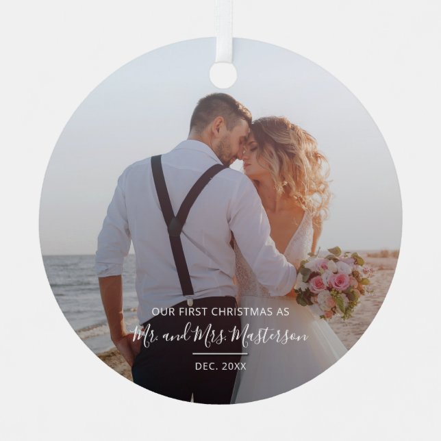 First Christmas Mr and Mrs Couples Photo Holiday Metal Tree Decoration (Front)