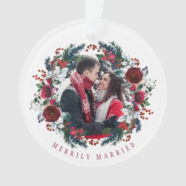 First Christmas Mr and Mrs floral elegant photo Ornament (Front)