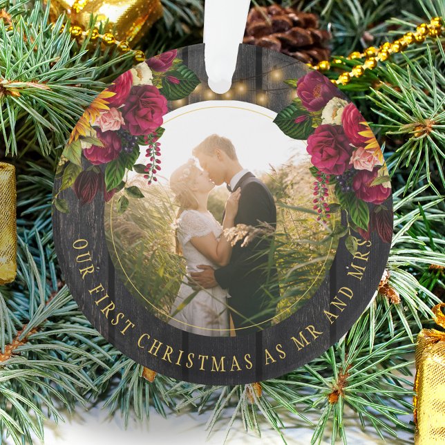 First Christmas Mr and Mrs floral rustic photo Ornament (Creator Uploaded)