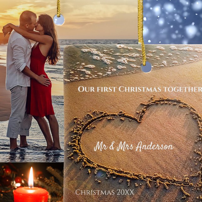 First Christmas Mr and Mrs Photo Beach Ceramic Ornament (Christmas ornament with your photo on one side and on the other an image of a heart on a beach)