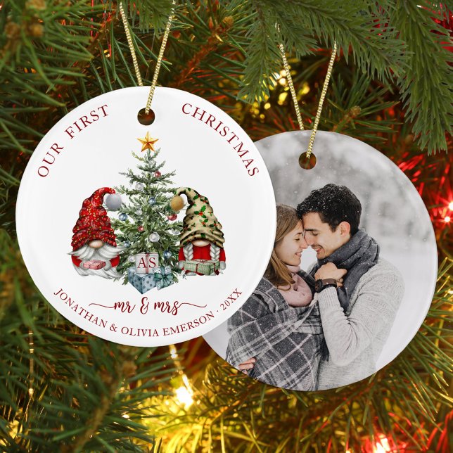 First Christmas Mr and Mrs Photo Cute Gnomes Ceramic Ornament (Creator Uploaded)