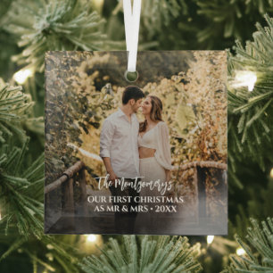 First Christmas Mr and Mrs Photo Glass Tree Decoration