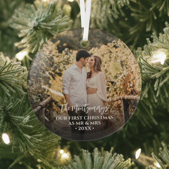 First Christmas Mr and Mrs Photo Glass Tree Decoration (Insitu)