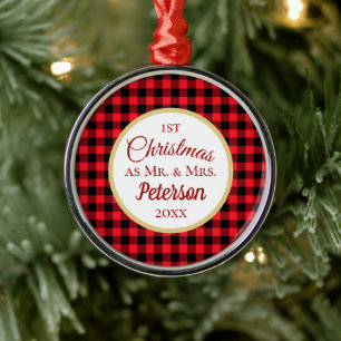 First Christmas Mr and Mrs Red Buffalo Plaid Metal Ornament