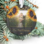 First Christmas Mr and Mrs rustic sunflowers photo Ornament<br><div class="desc">Rustic country newlyweds wedding photo First Christmas as Mr. and Mrs. personalised tree ornament with yellow gold sunflower bouquets over a dark brown barn wood with string lights.            Easy to customise with your names,  text and photo!           It can be a pretty keepsake gift for a new couple.</div>