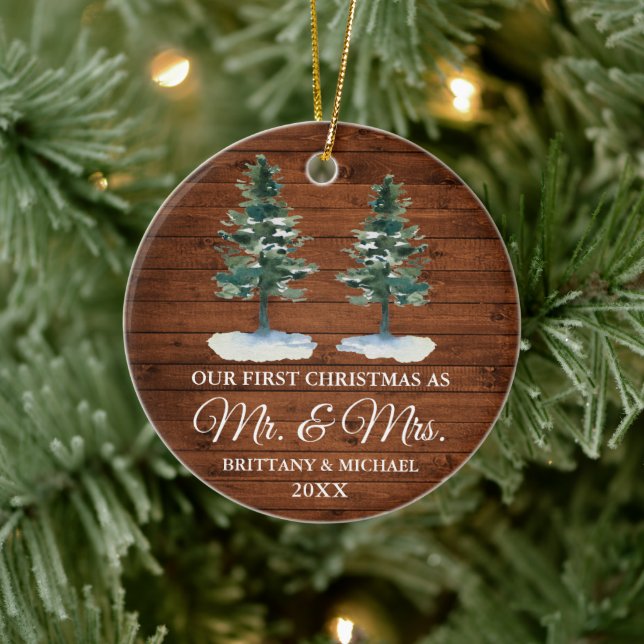 First Christmas Mr. and Mrs. Rustic Wood Two Pines Ceramic Ornament (Tree)