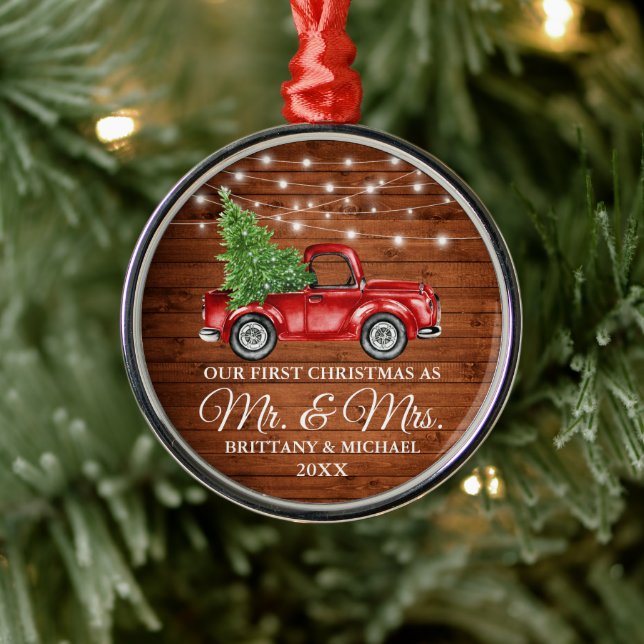 First Christmas Mr and Mrs Wood Lights Truck Metal Ornament (Tree)