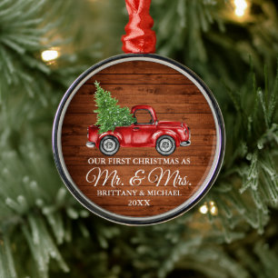 First Christmas Mr and Mrs Wood Truck Metal Ornament