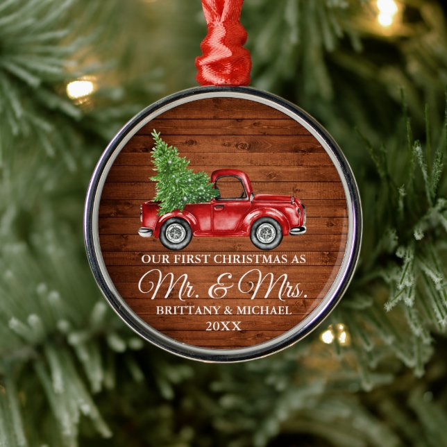 First Christmas Mr and Mrs Wood Truck Metal Ornament (Tree)
