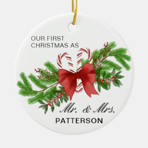First Christmas Mr & Mrs Candy Cane Floral Photo Ceramic Ornament