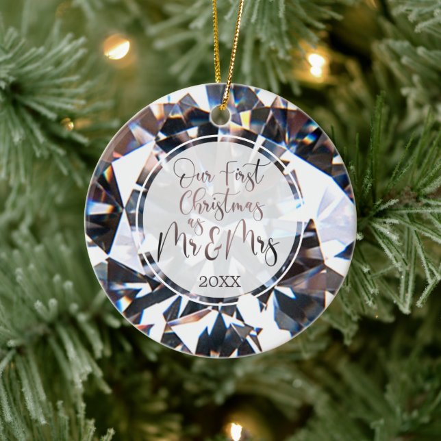 First Christmas Mr Mrs Diamond Photo Personalised Ceramic Ornament (Tree)