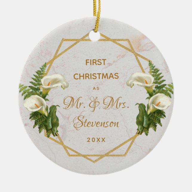 First Christmas Mr & Mrs Gold Marble Calla Lilies Ceramic Ornament (Front)