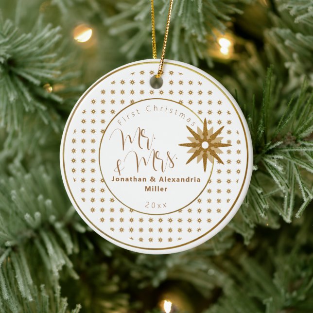 First Christmas Mr & Mrs Gold Snowflake Wedding Ceramic Ornament (Tree)