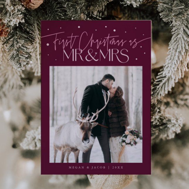 First Christmas Mr Mrs Newlywed Photo Cranberry Holiday Card (Creator Uploaded)