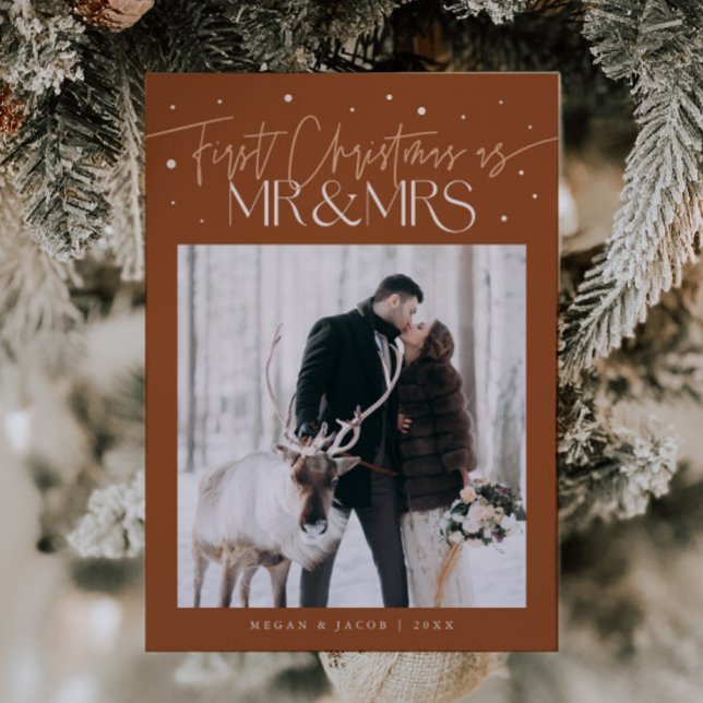 First Christmas Mr Mrs Newlywed Photo Terracotta Holiday Card (Creator Uploaded)