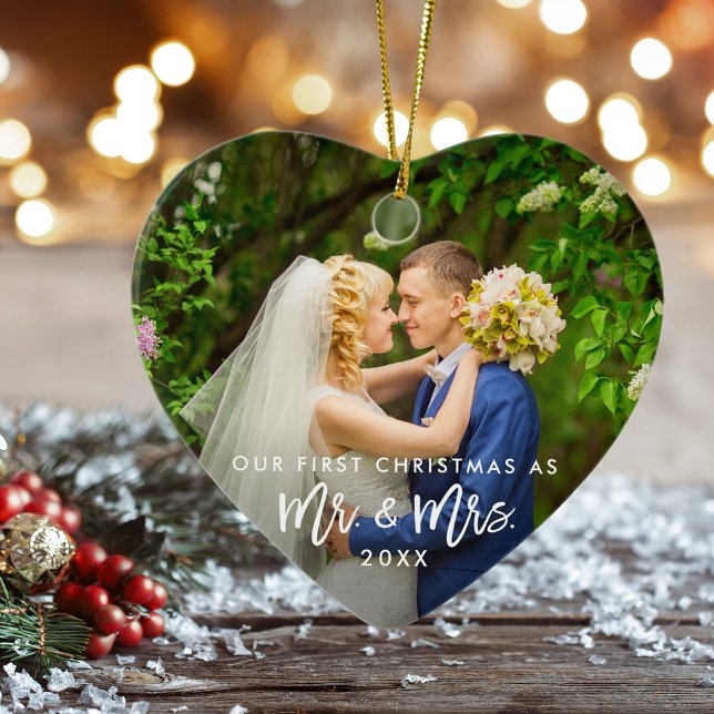 First Christmas Mr. & Mrs. Photo Brush Script Ceramic Ornament (Customize to change your personalized text size or style.)