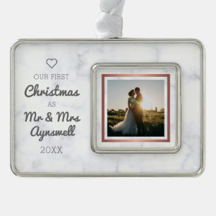 First Christmas Mr & Mrs Photo Elegant Marble Silver Plated Framed Ornament