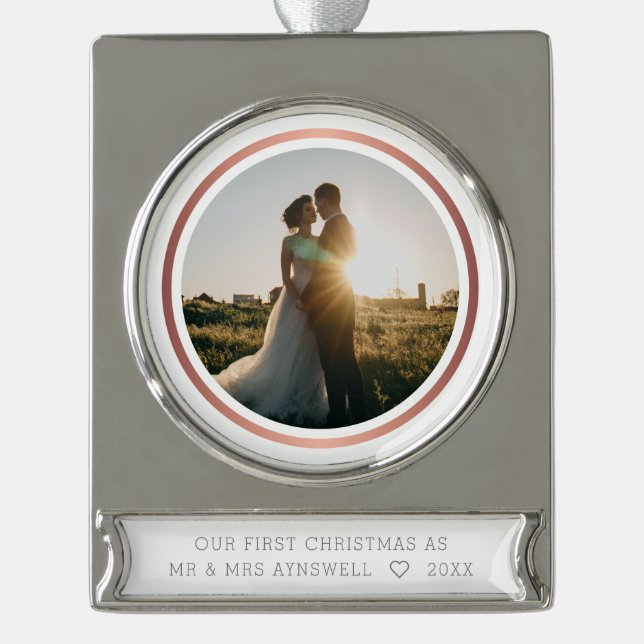 First Christmas Mr & Mrs Photo Elegant Silver Plated Banner Ornament (Front)