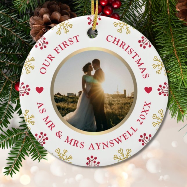 First Christmas Mr & Mrs Photo Festive Holiday Ceramic Ornament (Creator Uploaded)