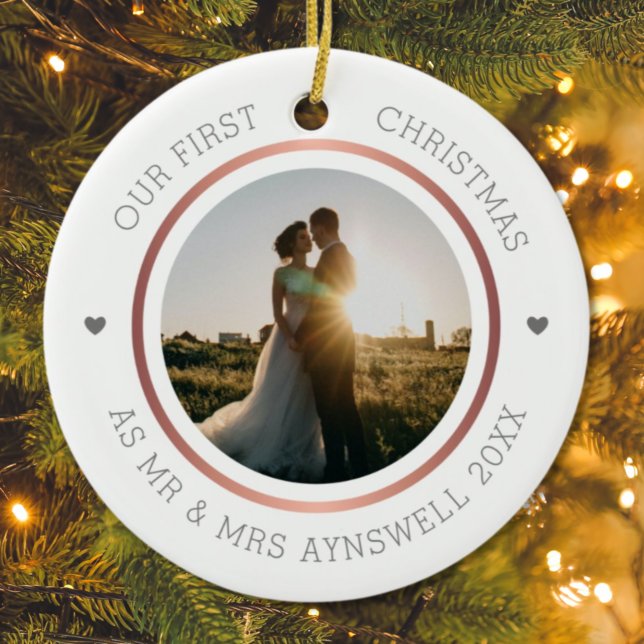 First Christmas Mr & Mrs Photo Modern Elegant Ceramic Ornament (Creator Uploaded)