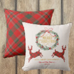 First Christmas Mr & Mrs Red Plaid Pillow<br><div class="desc">Celebrate your first holiday season as a married couple with this festive red plaid Christmas pillow! Featuring a charming wreath design,  matching tartan reindeer,  and customisable names and year,  this cosy keepsake adds heartwarming charm to any holiday décor. A thoughtful gift for newlyweds or your own winter wonderland.</div>
