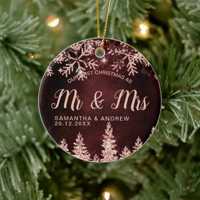 First Christmas Mr & Mrs rose gold glitter snow Ceramic Ornament (Tree)