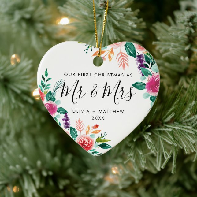First Christmas Mr & Mrs Script Floral Photo Ceramic Ornament (Tree)