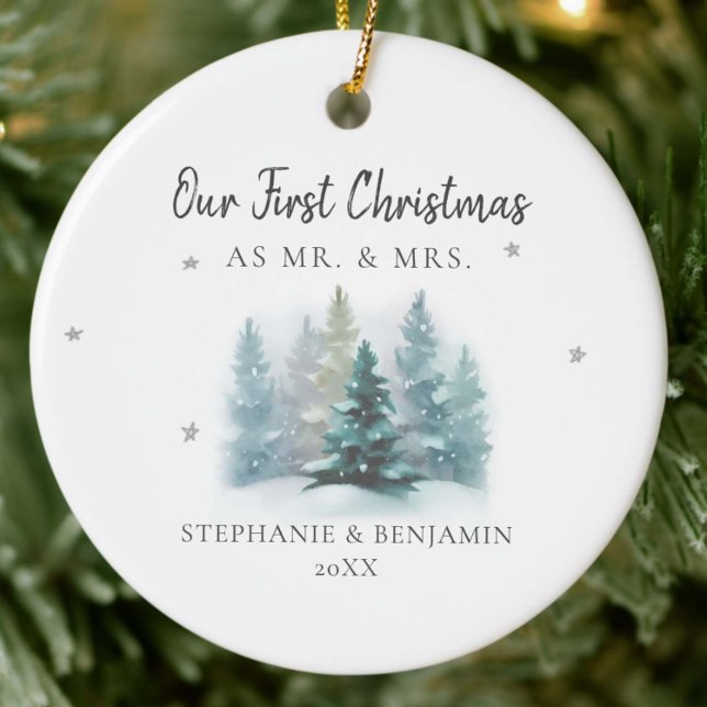 First Christmas Mr Mrs Snow Mountains Photo Ceramic Ornament (our first christmas married mr mrs modern ornament couple luxury keepsake mountain pine forest class)