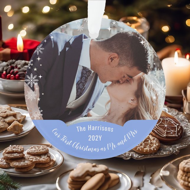 First Christmas Mr & Mrs Snowflakes Photo Ornament (Our First Christmas as Mr. & Mrs. Elegant Modern Calligraphy Personalized Photo Heart Snowflakes)