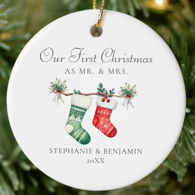 First Christmas Mr. Mrs. Stockings Greenery Photo Ceramic Ornament (our first christmas married mr mrs stockings modern elegant photo ornament couple keepsake newlyweds)