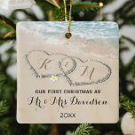 First Christmas Mr & Mrs Tropical Hearts Ceramic Ornament<br><div class="desc">Stunning tropical beach themed christmas ornament featuring the ocean,  a sandy shoreline with two hearts,  your initials,  and a mr & mrs template that is easy to personalise.</div>