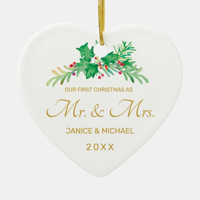 First Christmas Mr & Mrs Watercolor Holly Ceramic Ornament (Front)
