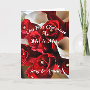 First Christmas Mr. Mrs. Wedding Red White Floral Holiday Card