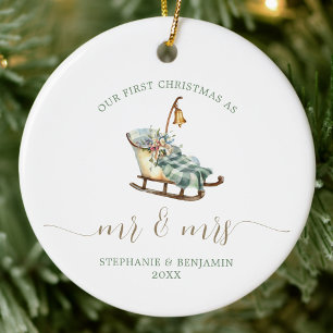 First Christmas Mr Mrs Wedding Sleigh Plaid Photo Ceramic Ornament