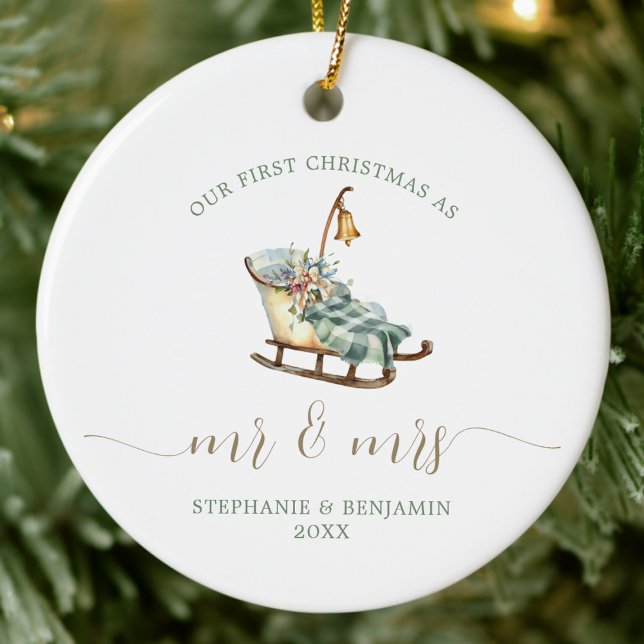 First Christmas Mr Mrs Wedding Sleigh Plaid Photo Ceramic Ornament (our first christmas mr mrs newlywed couple photo ornament winter wedding sleigh green tree tartan)