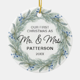 First Christmas Mr & Mrs Winter Floral Photo Name Ceramic Ornament