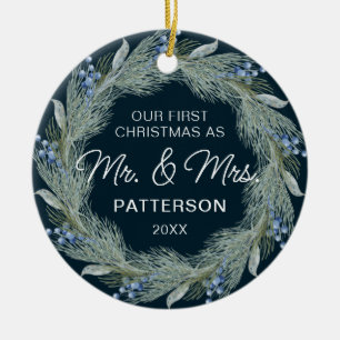 First Christmas Mr & Mrs Winter Floral Photo Name Ceramic Ornament