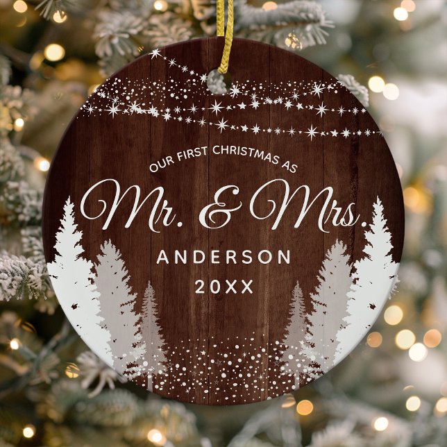 First Christmas Mr Mrs Wood Winter String Lights Ceramic Ornament (Creator Uploaded)