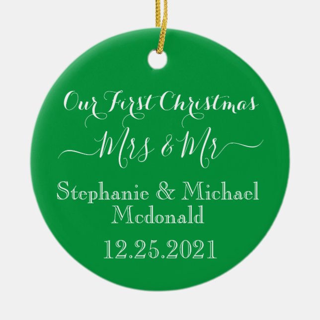 First Christmas  Mrs & Mr Green Red Personalised Ceramic Ornament (Front)