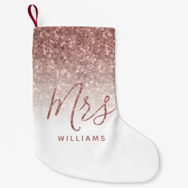First Christmas Mrs Personalized Rose Gold Glitter Small Christmas Stocking (Front)