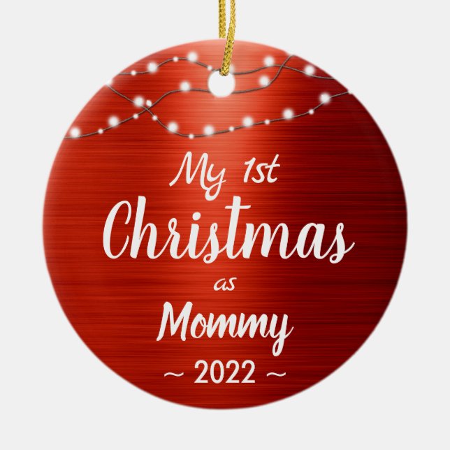 First Christmas Mummy String Lights Name Photo Ceramic Ornament (Front)