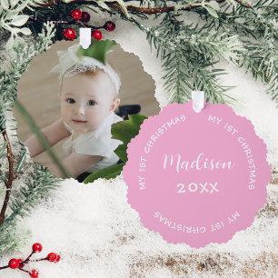 First Christmas Name And Baby Photo Pastel Pink  Tree Decoration Card