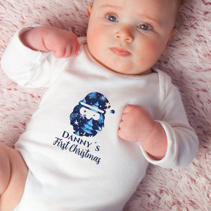 First Christmas Name Editable Santa Claus Blue  Baby Bodysuit